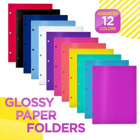 Better Office Products 4 Pocket Glossy Laminated Paper Folders Portfolio, 3 Hole Punched, Asst'd Primary Colors, 12PK 80297